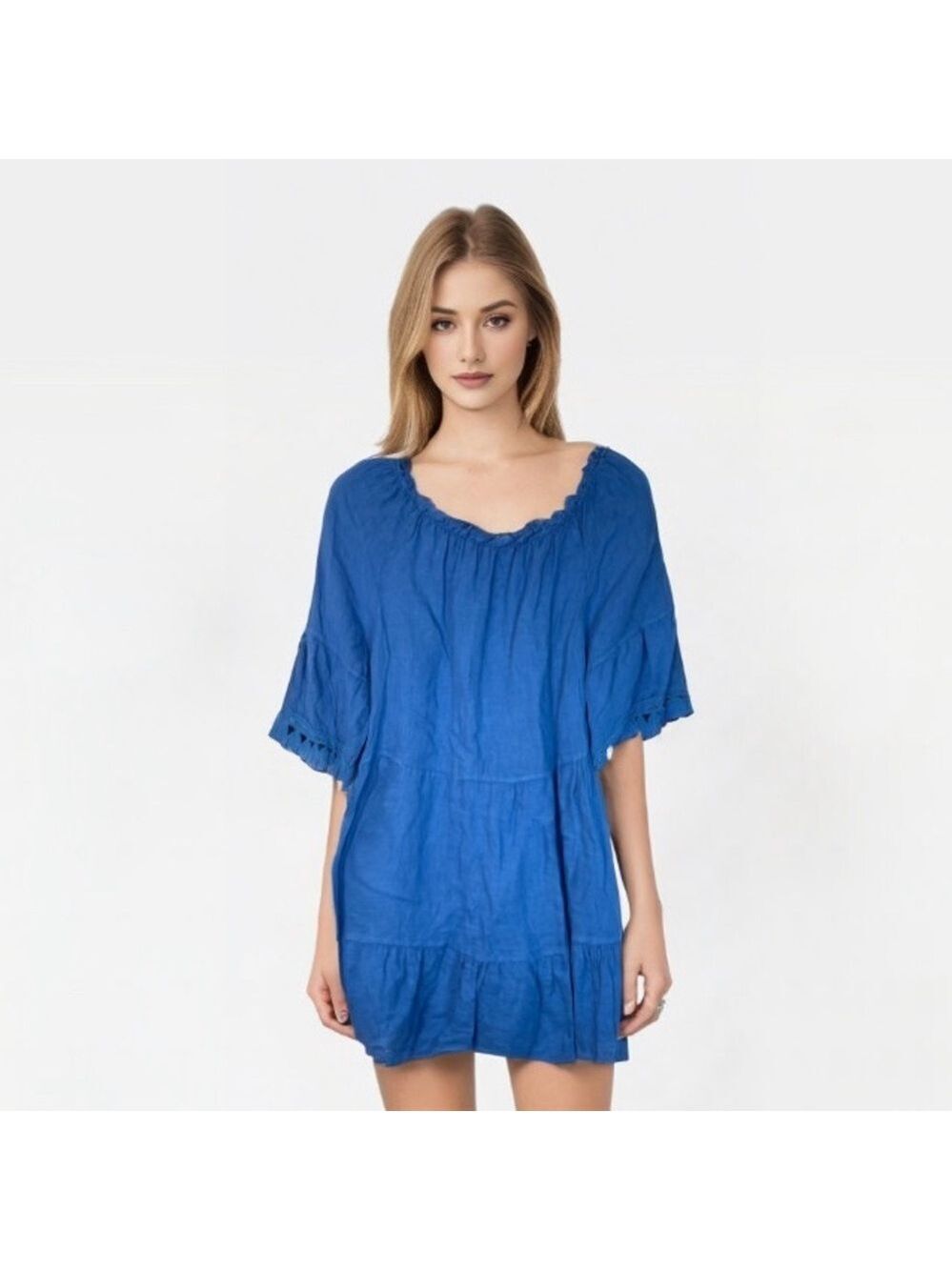 Blue V-Neck Short Sleeve Tunic Dress